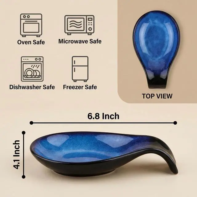 Alt view image 2 of 7 - Nihow Ceramic Spoon Rest for Stove Top/Kitchen Counter,Blue | Keep counter clean & oil-free,Heat-resistant ceramic,Catch soup drips,easy to clean,Dishwasher safe,Decorative kitchen decor