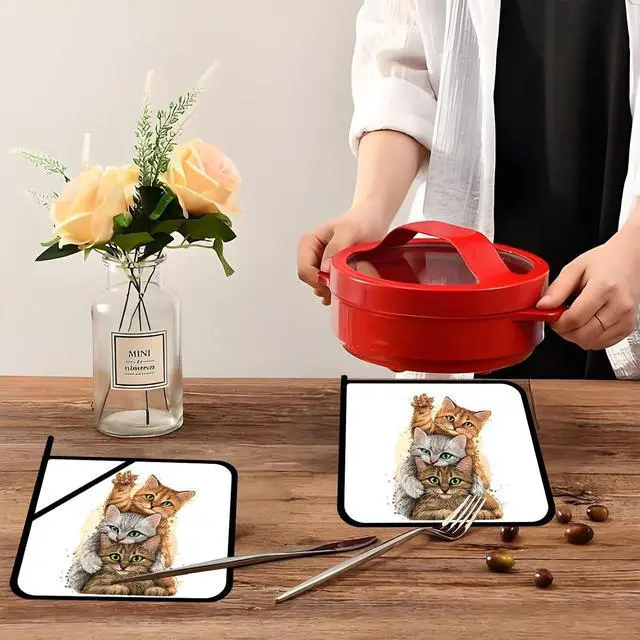 Alt view image 5 of 7 - Three Cute Cats Pot Holders Set of 2,Kitchen Heat Resistant Potholders for Microwave Cooking Baking Oven and BBQ Gifts for Women