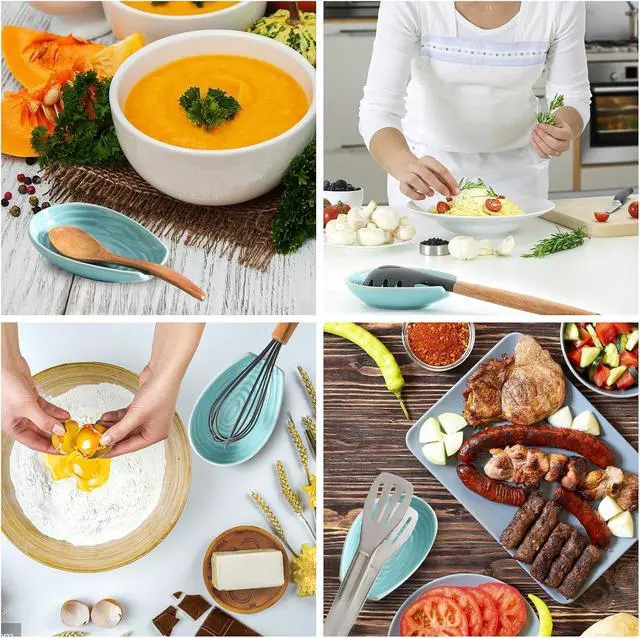 Alt view image 2 of 7 - Spoon Rest for Kitchen Counter, Ceramic Cooking Spoon Holder for Stove Top, Porcelain Utensil Rest for Spatula, Ladle, Tong and Spoon, Modern Kitchen Accessories Decor, Teal