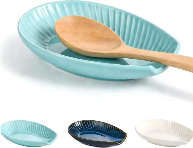 Main image of Ceramic Spoon Rest for Stove Top, Spoon Holder for Kitchen Counter, Lead-Free Utensil Rest for Cooking Spoons, Ladles & Spatulas, Dishwasher Safe Farmhouse Kitchen Decor- Blue