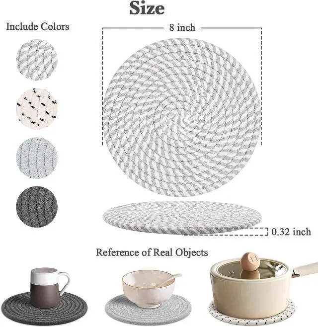 Alt view image 2 of 6 - Trivets for Hot Dishes, 4 Pot Holders for Kitchen, Heat Resistant Mats for Countertop, 8 Inch Hot Pads for Hot Pots and Pans, Coaster, Home Essentials, Rustic Farmhouse Decor (Gray)