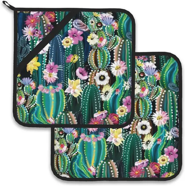 Main image of Blooming Cactus Succulents Flowers Pot Holder Set of 2,Heat Resistant Potholders Oven Hot Pads for Kitchen Cooking Baking BBQ