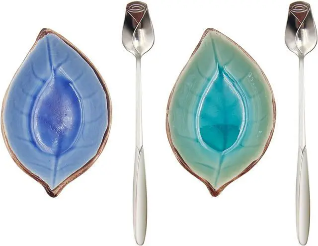 Main image of 2 Pack Coffee Spoon and Leaf Rest Set, Ice Cracks Leaf Ladle Holder, Tea Spoon Rest for Kitchen Counter, Dining Table, Coffee Bar Teaspoon Rest with Spoon (Lake blue and Sapphire)
