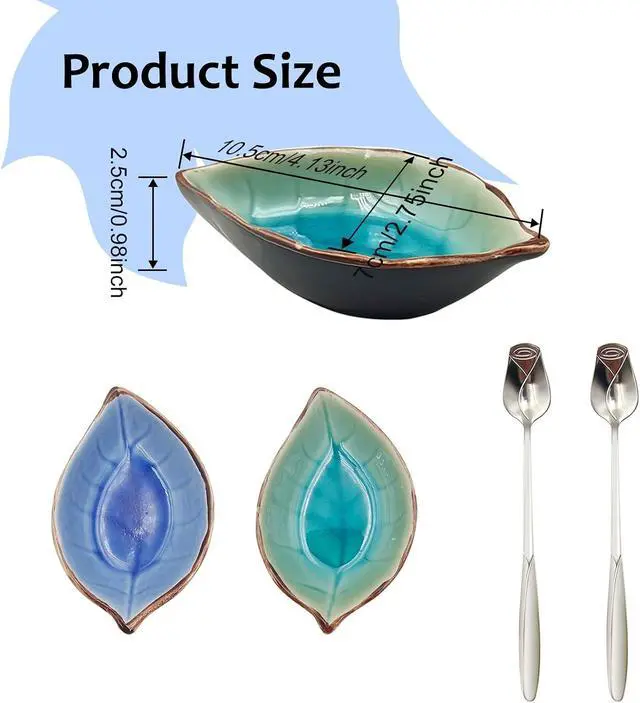 Alt view image 2 of 7 - 2 Pack Coffee Spoon and Leaf Rest Set, Ice Cracks Leaf Ladle Holder, Tea Spoon Rest for Kitchen Counter, Dining Table, Coffee Bar Teaspoon Rest with Spoon (Lake blue and Sapphire)