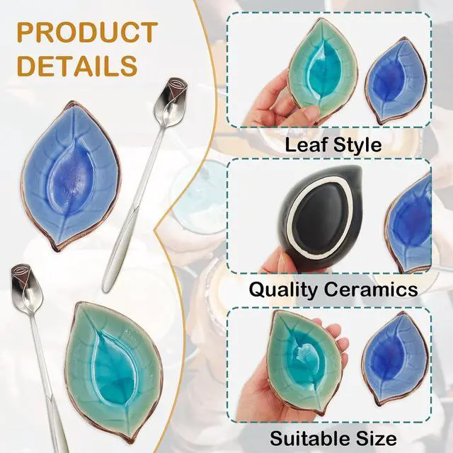 Alt view image 3 of 7 - 2 Pack Coffee Spoon and Leaf Rest Set, Ice Cracks Leaf Ladle Holder, Tea Spoon Rest for Kitchen Counter, Dining Table, Coffee Bar Teaspoon Rest with Spoon (Lake blue and Sapphire)