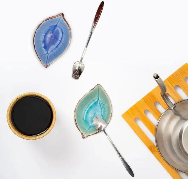 Alt view image 6 of 7 - 2 Pack Coffee Spoon and Leaf Rest Set, Ice Cracks Leaf Ladle Holder, Tea Spoon Rest for Kitchen Counter, Dining Table, Coffee Bar Teaspoon Rest with Spoon (Lake blue and Sapphire)
