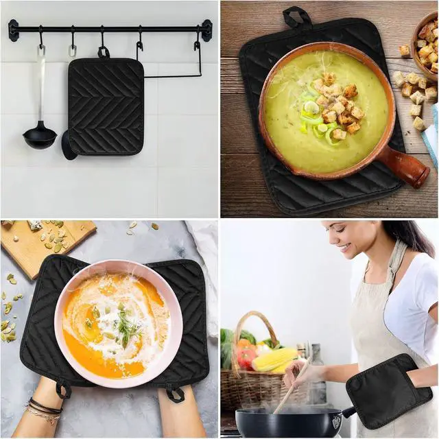 Alt view image 2 of 7 - R HORSE 6Pcs Black Pot Holders with Pocket for Kitchen, 7''x 9'' | Cotton Potholders, Heat Resistant Oven Mitts, Non-slip Terry Cloth Trivet, Ideal for Baking Cooking, Machine Wash