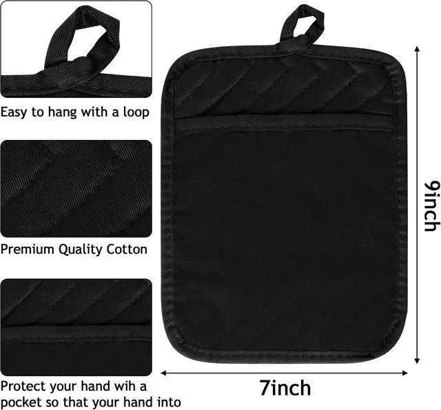 Alt view image 3 of 7 - R HORSE 6Pcs Black Pot Holders with Pocket for Kitchen, 7''x 9'' | Cotton Potholders, Heat Resistant Oven Mitts, Non-slip Terry Cloth Trivet, Ideal for Baking Cooking, Machine Wash