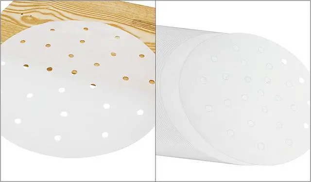 Alt view image 5 of 5 - Dumpling Paper Bamboo Steamer Liners, 7 Inch, 100 Pcs | With Holes, Parchment Paper, For Air Frying, For Baking