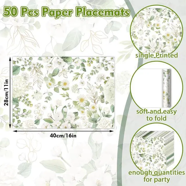 Alt view image 2 of 7 - 50 Pack Green Eucalyptus Leaves Paper Placemats Disposable,16x 11 Inch Greenery Floral Placemats Summer Paper Table Mats for Wedding Bridal Shower Birthday Party Supplies