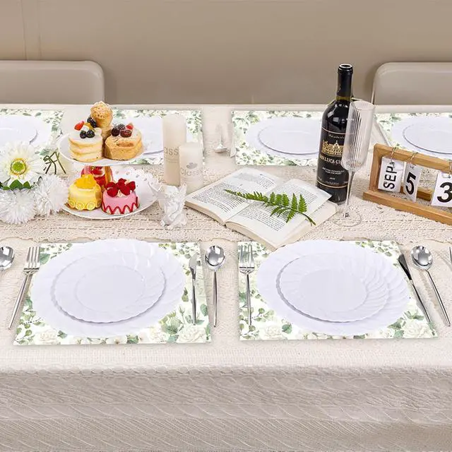 Alt view image 6 of 7 - 50 Pack Green Eucalyptus Leaves Paper Placemats Disposable,16x 11 Inch Greenery Floral Placemats Summer Paper Table Mats for Wedding Bridal Shower Birthday Party Supplies