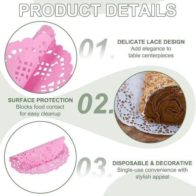 Alt view image 3 of 7 - Paper Doilies, Paper Lace Doilies Disposable Round Modern Decorative Placemats Bulk, 5.5 Inch Fit for Cakes Desserts Crafts Baked Grilled Fried Food Tableware (50 Pack, Pink)