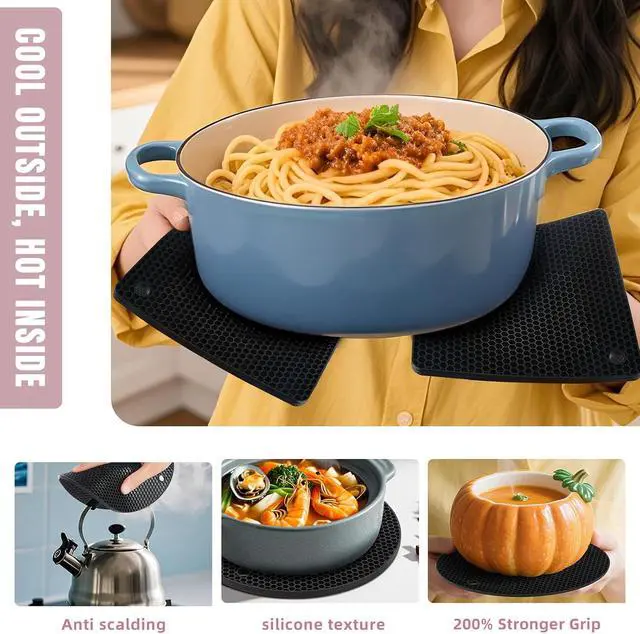 Alt view image 3 of 7 - 4 Pack Silicone Pot Holders & Hot Pads - Heat Resistant Non-Slip Mats for Kitchen Countertops, Trivets for Hot Dishes, Dishwasher Safe & BPA-Free (Black)