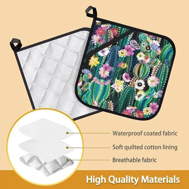 Alt view image 3 of 7 - Blooming Cactus Succulents Flowers Pot Holder Set of 2,Heat Resistant Potholders Oven Hot Pads for Kitchen Cooking Baking BBQ