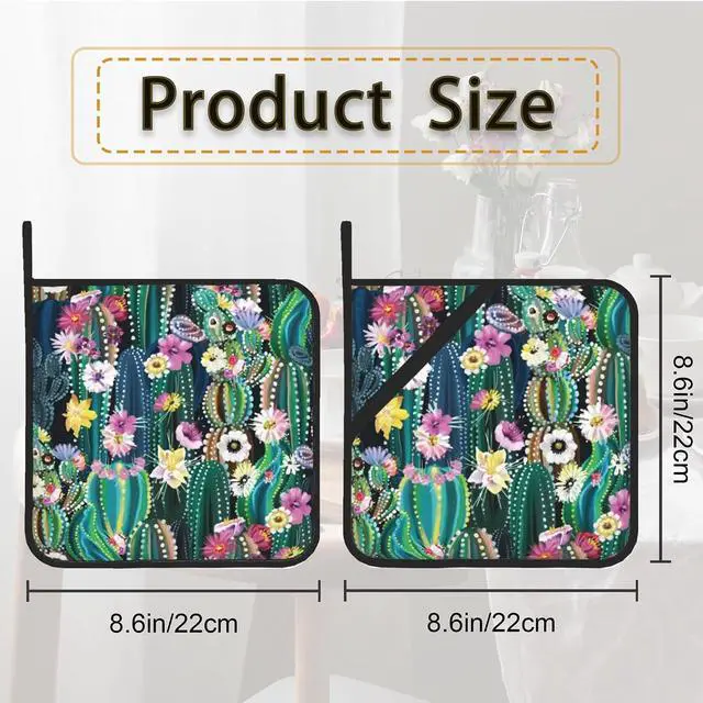 Alt view image 2 of 7 - Blooming Cactus Succulents Flowers Pot Holder Set of 2,Heat Resistant Potholders Oven Hot Pads for Kitchen Cooking Baking BBQ
