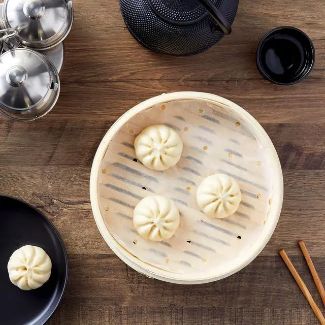 Alt view image 3 of 7 - Juvale Disposable Air Fryer Liners - 10-Inch Round White 100-Pack - Perforated Parchment Paper Sheets for Dumplings, Buns & Dim Sum - Steamer Basket Liners & Air Fryer Accessories