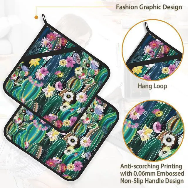 Alt view image 4 of 7 - Blooming Cactus Succulents Flowers Pot Holder Set of 2,Heat Resistant Potholders Oven Hot Pads for Kitchen Cooking Baking BBQ