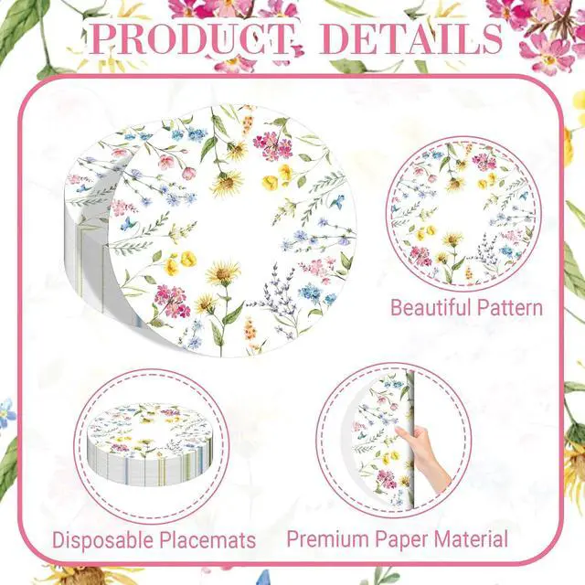 Alt view image 3 of 7 - 50 PCS Disposable Floral Paper Placemats Watercolor Wildflower Round Placemat Summer Table Mats for Wedding Anniversary Bride Party Supplies