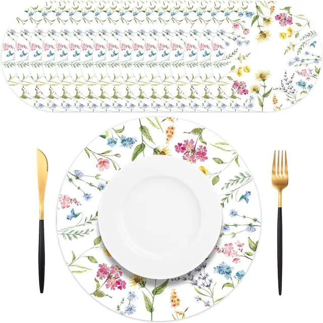 Main image of 50 PCS Disposable Floral Paper Placemats Watercolor Wildflower Round Placemat Summer Table Mats for Wedding Anniversary Bride Party Supplies