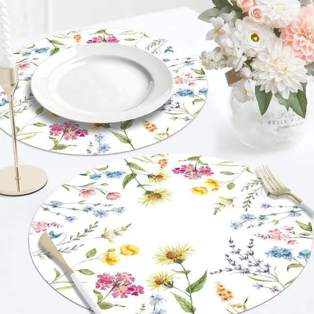 Alt view image 5 of 7 - 50 PCS Disposable Floral Paper Placemats Watercolor Wildflower Round Placemat Summer Table Mats for Wedding Anniversary Bride Party Supplies
