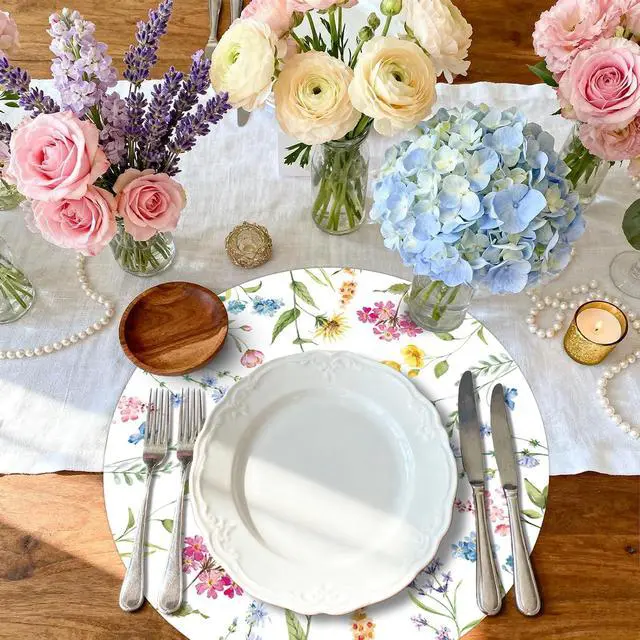 Alt view image 4 of 7 - 50 PCS Disposable Floral Paper Placemats Watercolor Wildflower Round Placemat Summer Table Mats for Wedding Anniversary Bride Party Supplies