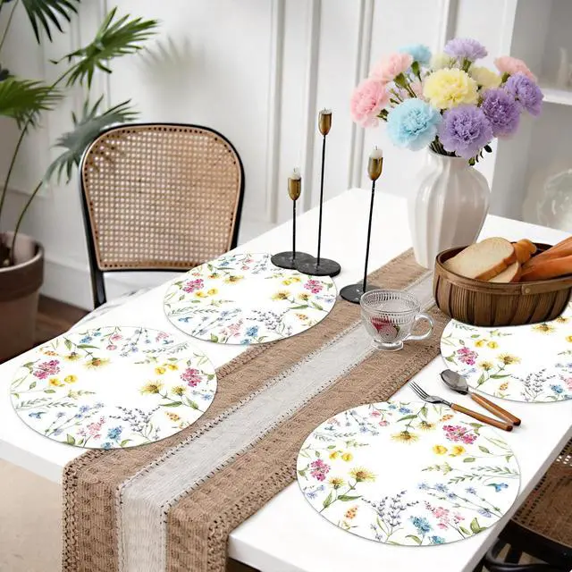 Alt view image 6 of 7 - 50 PCS Disposable Floral Paper Placemats Watercolor Wildflower Round Placemat Summer Table Mats for Wedding Anniversary Bride Party Supplies