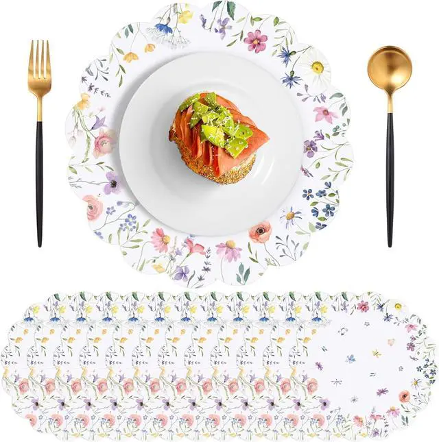 Main image of 60Pcs Disposable Floral Placemats, 13.5 Inch Flower Paper Placemat | Round Wildflower Butterfly Wedding Place Mats, Scalloped Table Mat for Banquet Bridal Shower Tea Party Birthday Garden Party