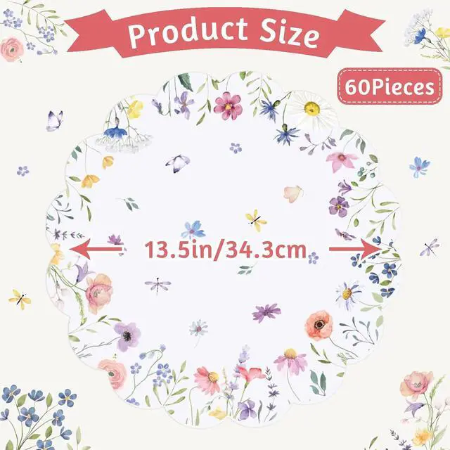 Alt view image 2 of 6 - 60Pcs Disposable Floral Placemats, 13.5 Inch Flower Paper Placemat | Round Wildflower Butterfly Wedding Place Mats, Scalloped Table Mat for Banquet Bridal Shower Tea Party Birthday Garden Party