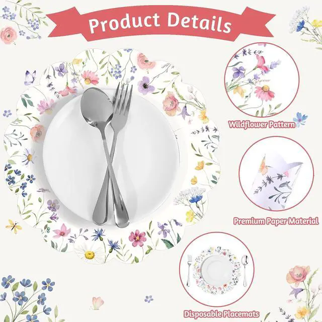 Alt view image 3 of 6 - 60Pcs Disposable Floral Placemats, 13.5 Inch Flower Paper Placemat | Round Wildflower Butterfly Wedding Place Mats, Scalloped Table Mat for Banquet Bridal Shower Tea Party Birthday Garden Party