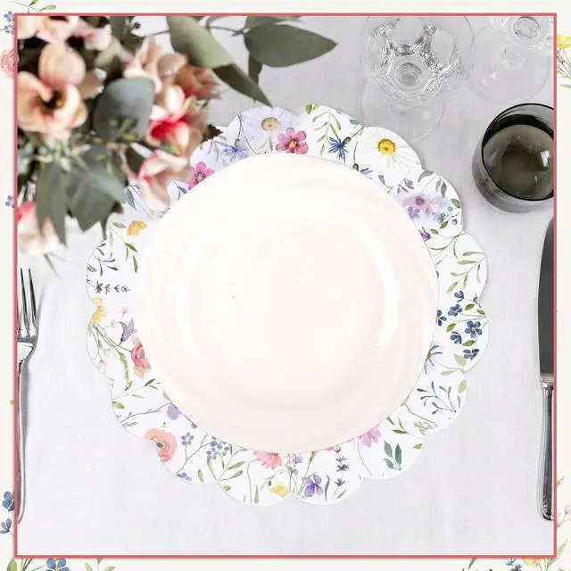 Alt view image 4 of 6 - 60Pcs Disposable Floral Placemats, 13.5 Inch Flower Paper Placemat | Round Wildflower Butterfly Wedding Place Mats, Scalloped Table Mat for Banquet Bridal Shower Tea Party Birthday Garden Party
