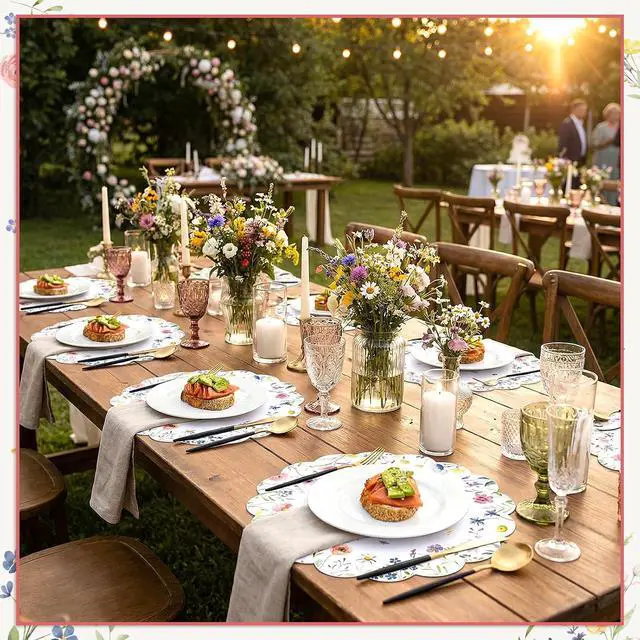 Alt view image 5 of 6 - 60Pcs Disposable Floral Placemats, 13.5 Inch Flower Paper Placemat | Round Wildflower Butterfly Wedding Place Mats, Scalloped Table Mat for Banquet Bridal Shower Tea Party Birthday Garden Party