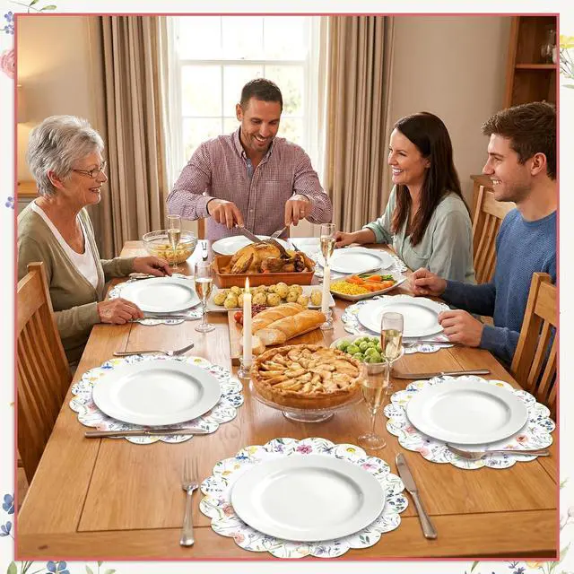 Alt view image 6 of 6 - 60Pcs Disposable Floral Placemats, 13.5 Inch Flower Paper Placemat | Round Wildflower Butterfly Wedding Place Mats, Scalloped Table Mat for Banquet Bridal Shower Tea Party Birthday Garden Party
