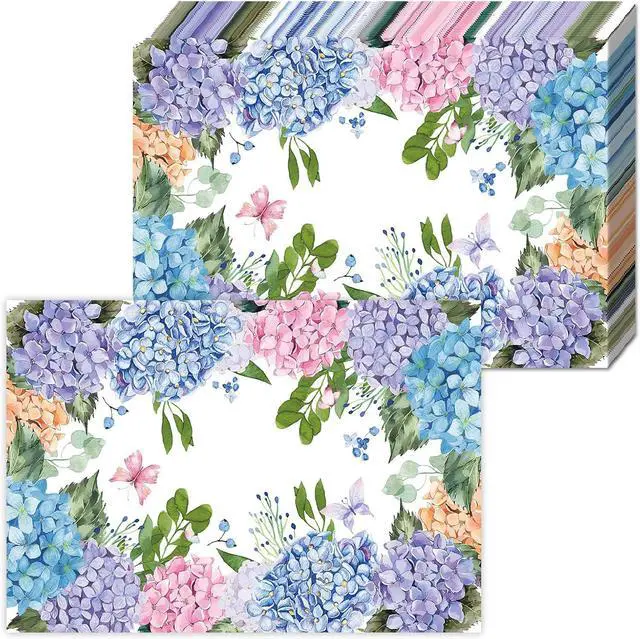 Main image of Paper Placemats Disposable 50 Pack Hydrangea Placemats 16x 11 Inch Floral Place Mats for Spring Summer Dining Table Wedding Party Supplies