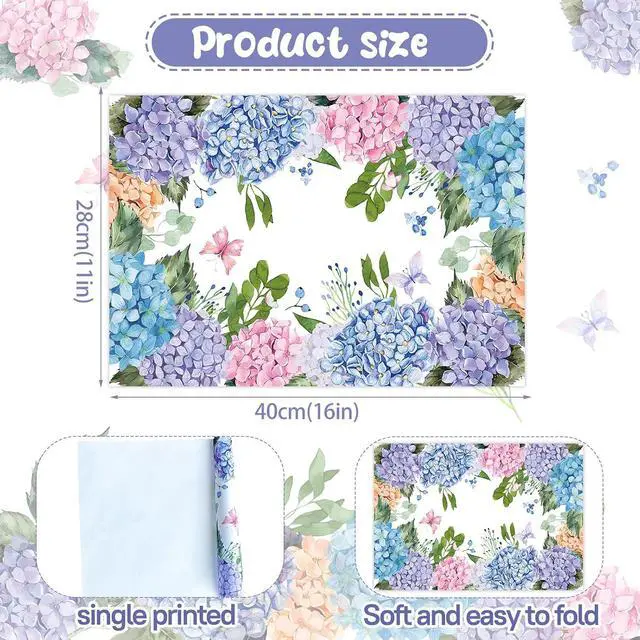Alt view image 2 of 7 - Paper Placemats Disposable 50 Pack Hydrangea Placemats 16x 11 Inch Floral Place Mats for Spring Summer Dining Table Wedding Party Supplies