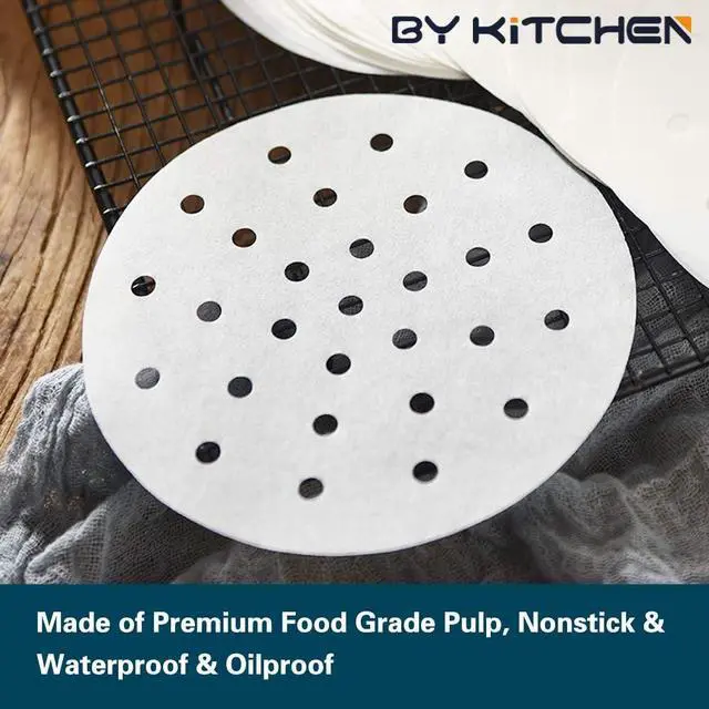 Alt view image 6 of 7 - BYKITCHEN 10 Inch Bamboo Steamer Liners for Dumpling, Air Fryer Paper Liner | 200PCS Pre-Cut Nonstick Steamer Liners for Bamboo,Steaming Basket, Perforated Air Fryer Parchment Paper Rounds