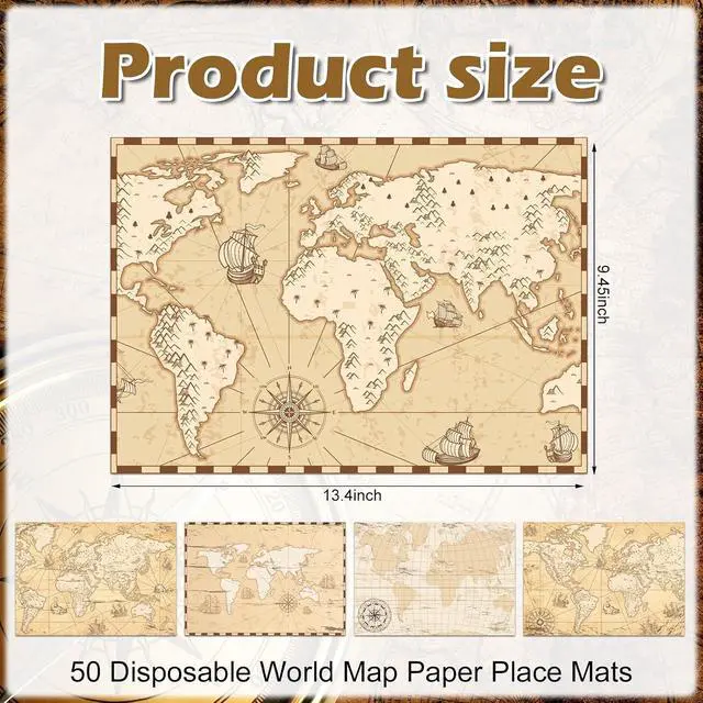 Alt view image 2 of 7 - Eaasty 50 Pieces Disposable World Map Paper Placemats, 13.4 x 9.45'' | Vintage World Map for Old Paper Retro Decorative Travel Adventure Table Mat for Geography Learning Education Traveler Them