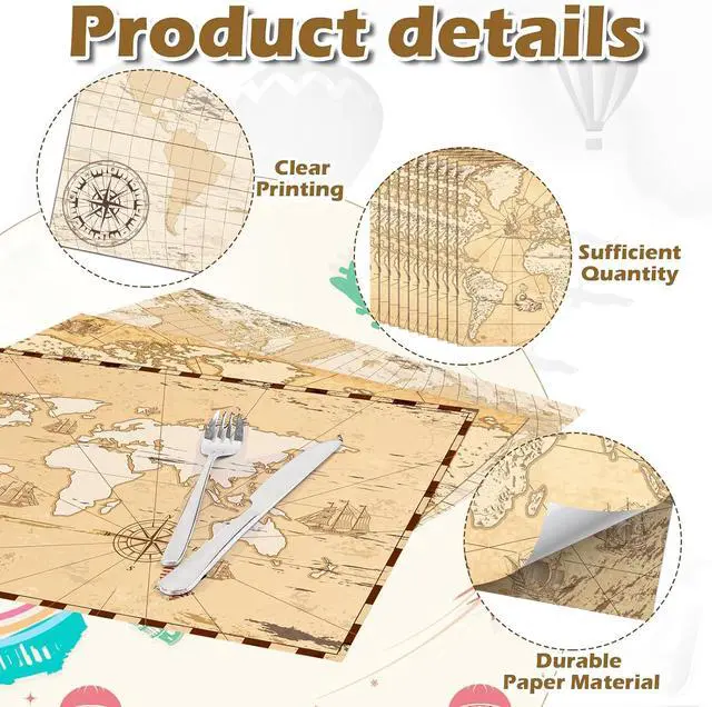 Alt view image 3 of 7 - Eaasty 50 Pieces Disposable World Map Paper Placemats, 13.4 x 9.45'' | Vintage World Map for Old Paper Retro Decorative Travel Adventure Table Mat for Geography Learning Education Traveler Them