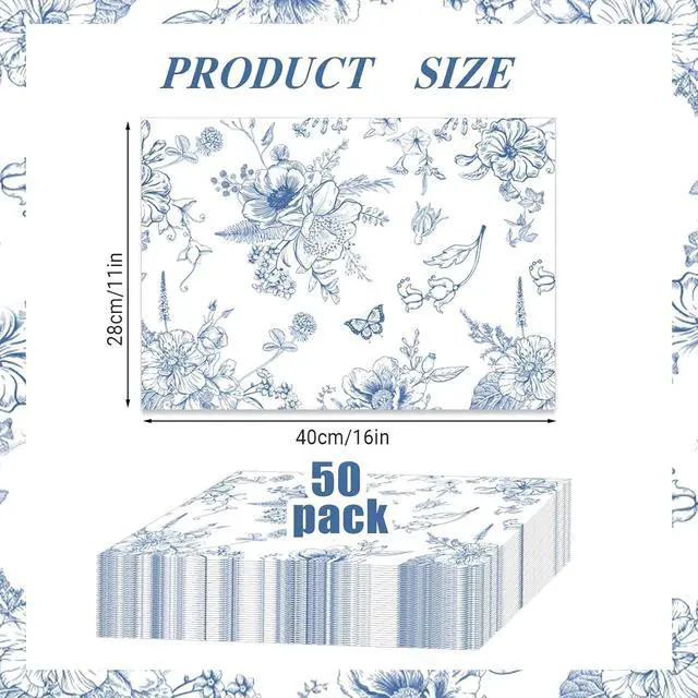 Alt view image 2 of 7 - 50 Pcs Blue Porcelain Paper Placemats, 11x16 Inch Blue Floral Disposable Placemats Spring Summer Flowers Chinoiserie Table Mats for Wedding Baby Shower Birthday Home Party Supplies