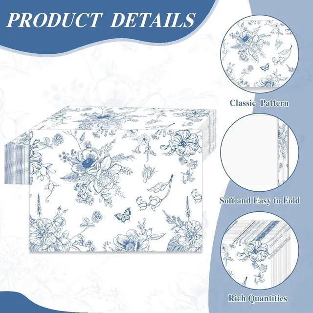 Alt view image 3 of 7 - 50 Pcs Blue Porcelain Paper Placemats, 11x16 Inch Blue Floral Disposable Placemats Spring Summer Flowers Chinoiserie Table Mats for Wedding Baby Shower Birthday Home Party Supplies