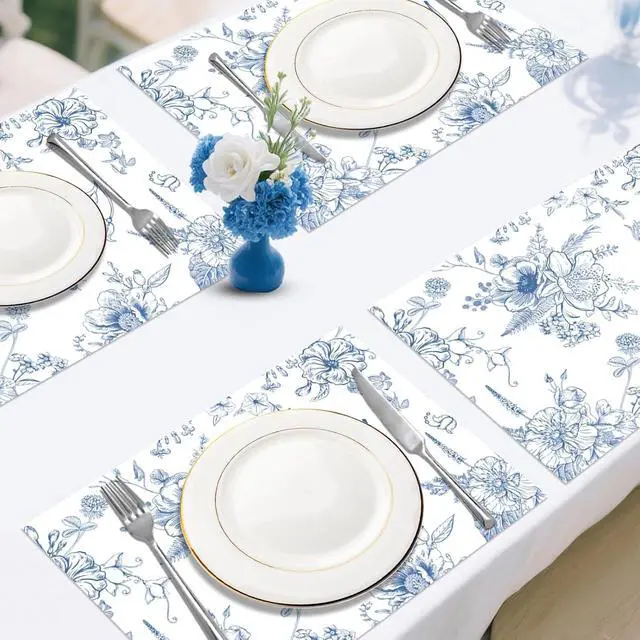 Alt view image 6 of 7 - 50 Pcs Blue Porcelain Paper Placemats, 11x16 Inch Blue Floral Disposable Placemats Spring Summer Flowers Chinoiserie Table Mats for Wedding Baby Shower Birthday Home Party Supplies