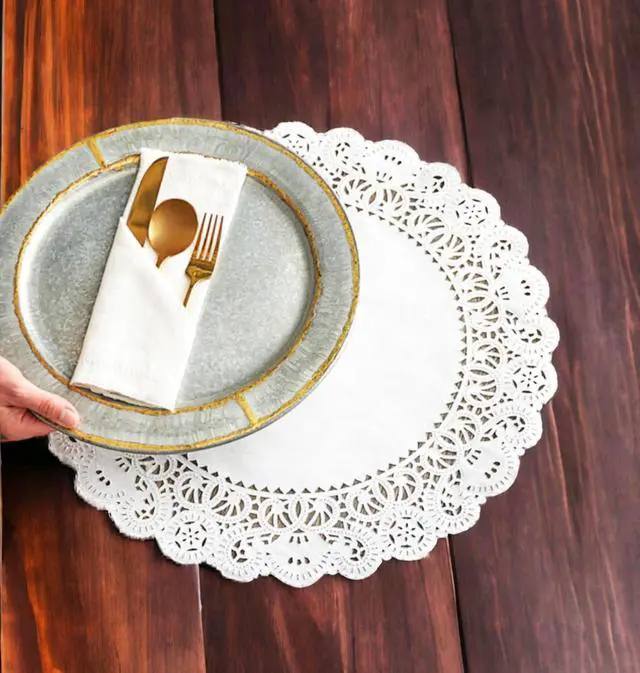 Alt view image 6 of 7 - Round Paper Lace Table Doilies 12 inch White Decorative Tableware Disposable Placemats; Made in Canada (Pack of 50)