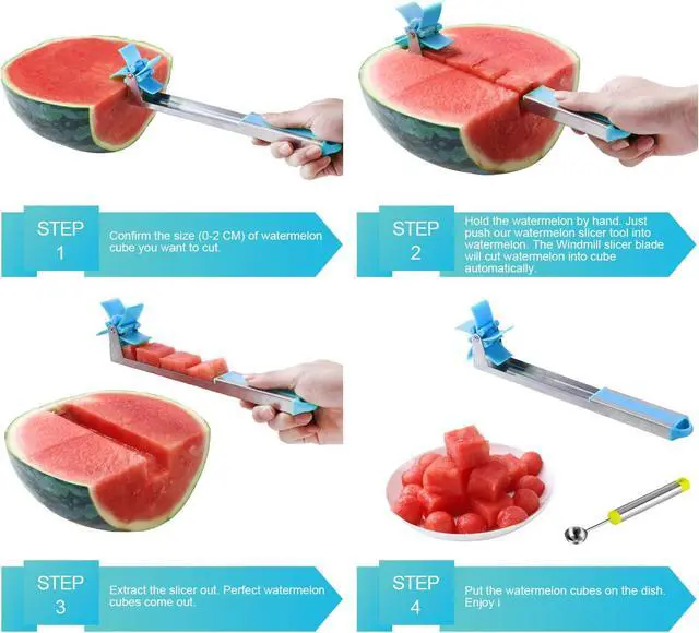 Alt view image 4 of 7 - Watermelon Slicer Cube Cutter Knife Corer Windmill Stainless Steel Fruit Tools With Melon Baller Scooper Easy Unique Kitchen Gadgets Home Gift (Bule)