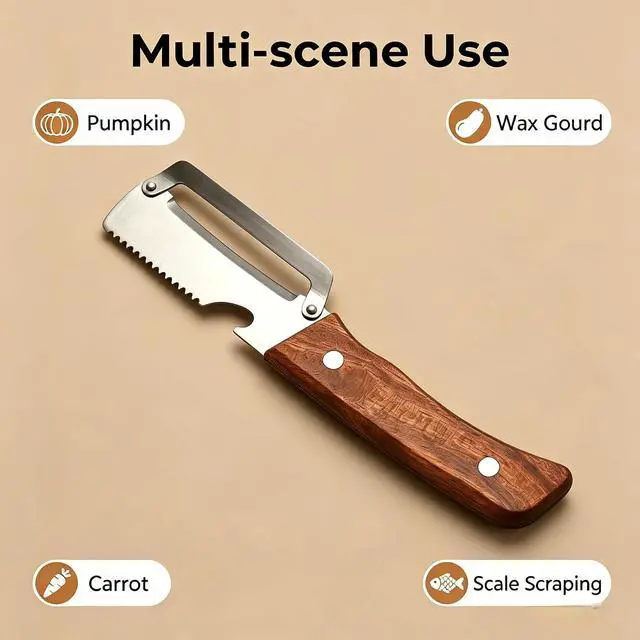 Alt view image 2 of 7 - Multi-functional Vegetable Peeler, Natural Wooden Handle with Bottle Opener, Premium Stainless Steel Peeler, Kitchen Tool for Fruits & Vegetables