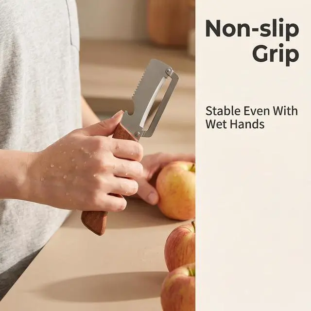 Alt view image 6 of 7 - Multi-functional Vegetable Peeler, Natural Wooden Handle with Bottle Opener, Premium Stainless Steel Peeler, Kitchen Tool for Fruits & Vegetables