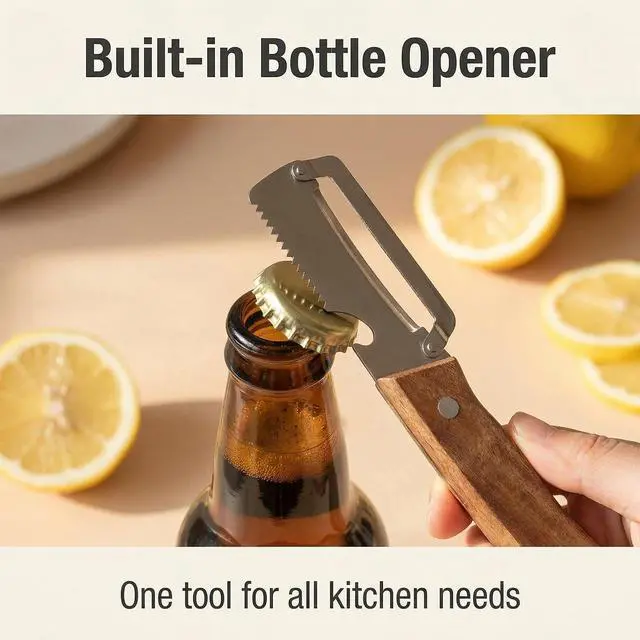 Alt view image 7 of 7 - Multi-functional Vegetable Peeler, Natural Wooden Handle with Bottle Opener, Premium Stainless Steel Peeler, Kitchen Tool for Fruits & Vegetables