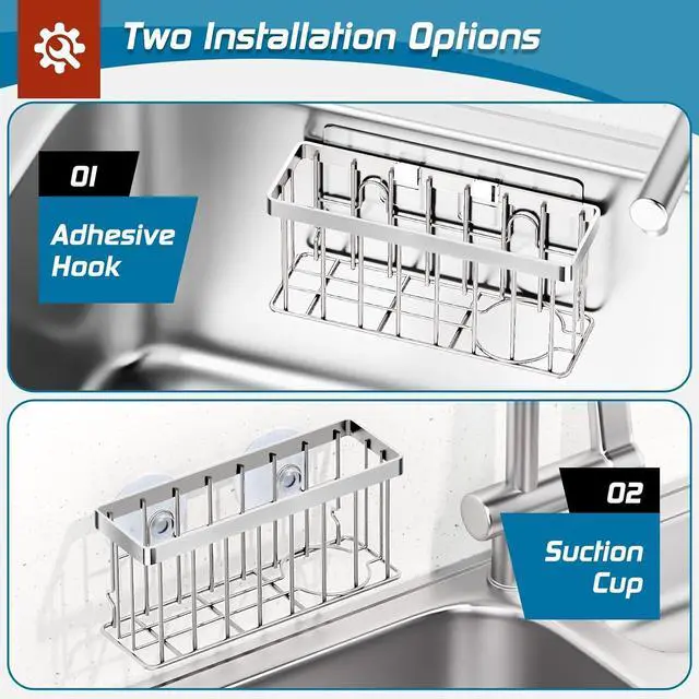 Alt view image 3 of 7 - MURLONG Sponge Holder for Kitchen Sink,Sink Caddy Organizer with Suction Cups/Adhesive Strips,Dish Sponge Holder Design for Sponges,Scrubber,Stoppers-Silver