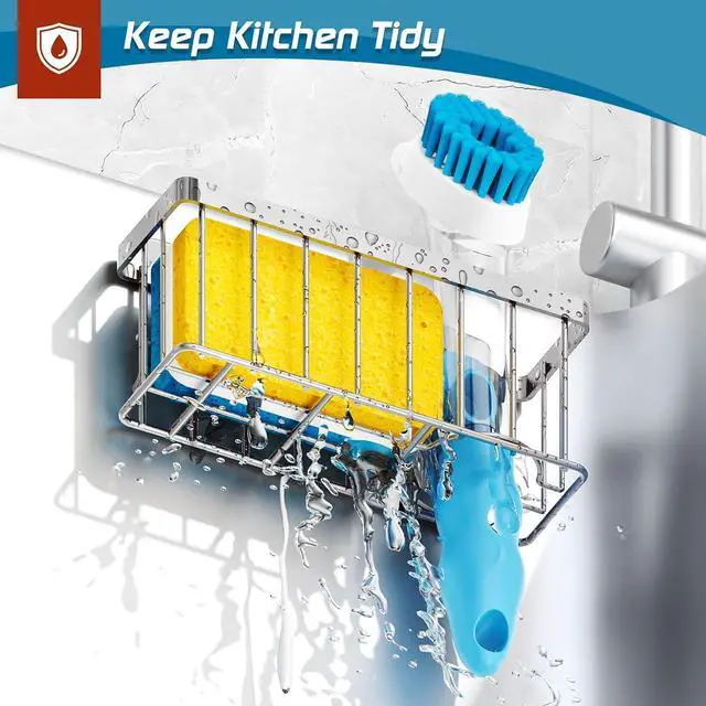 Alt view image 4 of 7 - MURLONG Sponge Holder for Kitchen Sink,Sink Caddy Organizer with Suction Cups/Adhesive Strips,Dish Sponge Holder Design for Sponges,Scrubber,Stoppers-Silver