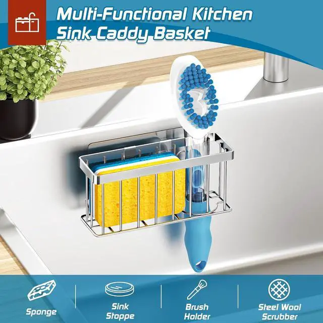 Alt view image 5 of 7 - MURLONG Sponge Holder for Kitchen Sink,Sink Caddy Organizer with Suction Cups/Adhesive Strips,Dish Sponge Holder Design for Sponges,Scrubber,Stoppers-Silver