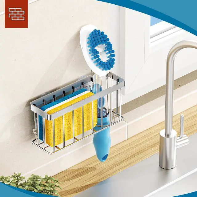 Alt view image 6 of 7 - MURLONG Sponge Holder for Kitchen Sink,Sink Caddy Organizer with Suction Cups/Adhesive Strips,Dish Sponge Holder Design for Sponges,Scrubber,Stoppers-Silver