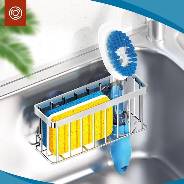 Alt view image 7 of 7 - MURLONG Sponge Holder for Kitchen Sink,Sink Caddy Organizer with Suction Cups/Adhesive Strips,Dish Sponge Holder Design for Sponges,Scrubber,Stoppers-Silver